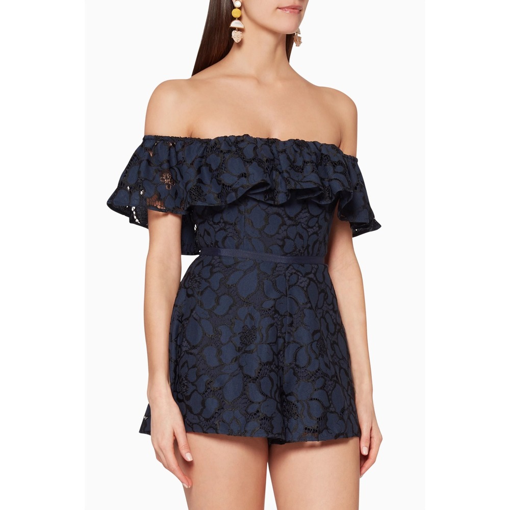 Keepsake The Label Honour Lace Romper Womens S Navy Blue Ruffle Off Shoulder EUC